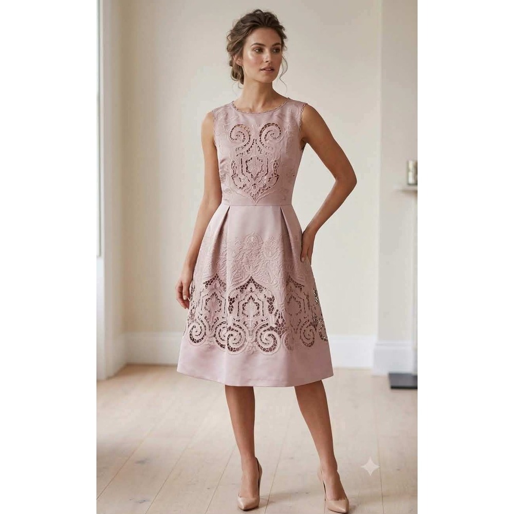 Hobbs London Pink Cut Out Embroidery Fit Flare Dress Sleeveless Wedding Guest